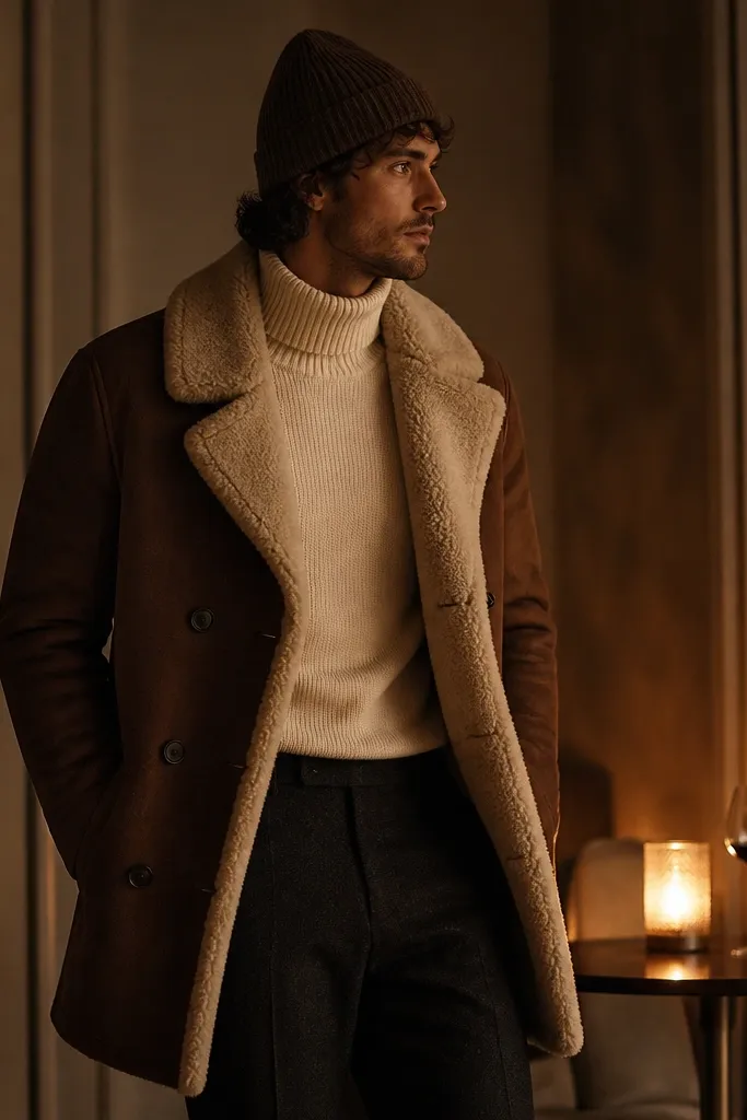 A cocoa-brown shearling-lined winter coat worn open over a cream knit turtleneck, paired with a matching cocoa knit beanie and dark charcoal trousers. The lighting is warm and low, like candlelight, and the outfit has texture contrast from plush shearling to matte knit. In the background, there is a small table with two glasses and a soft candle glow.
