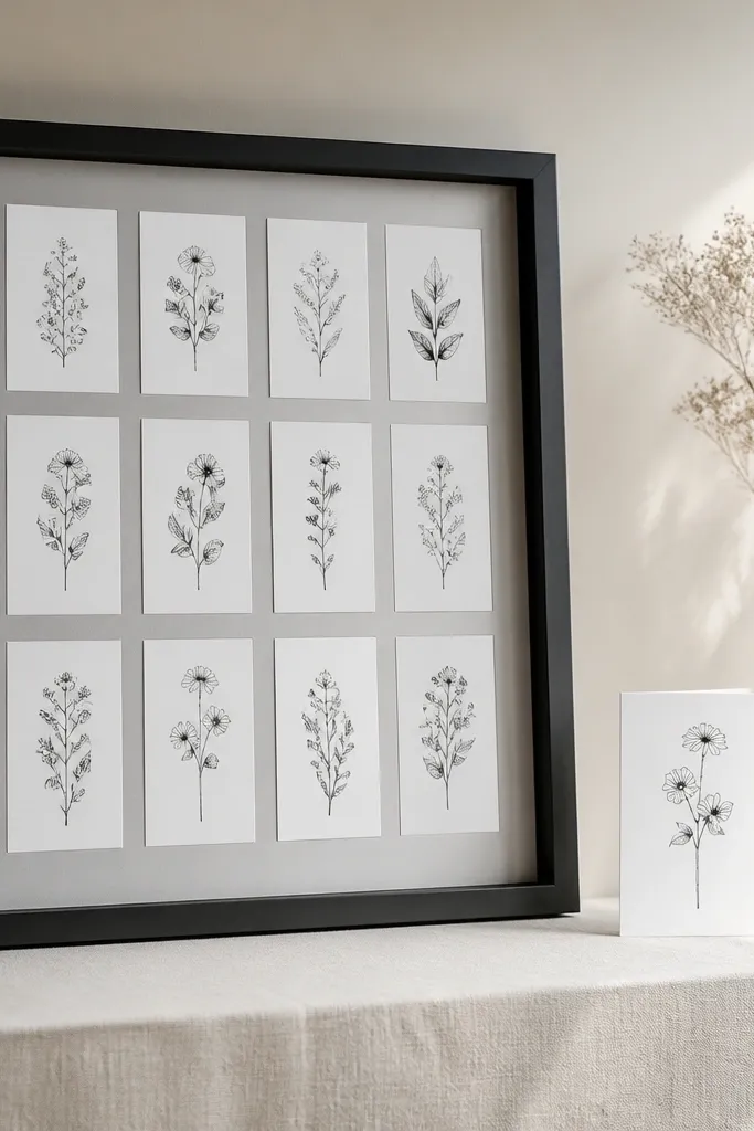 A black shadow box frame with a silver-gray mat. The displayed cards have black typography on white paper. A single thank-you card is placed to the right with perfect spacing.