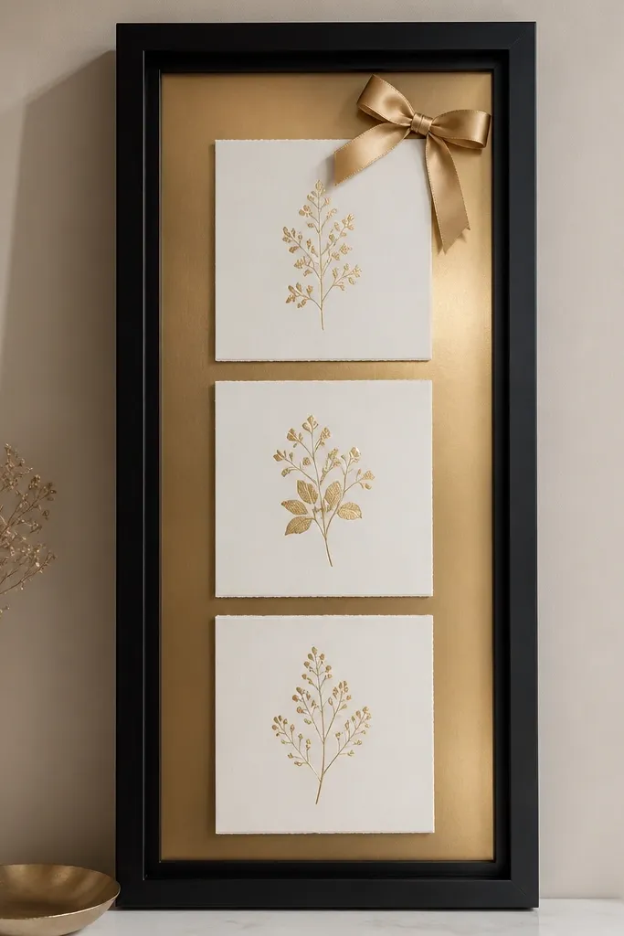 A matte black shadow box with a glossy champagne-gold backing. A small satin ribbon bow sits near the top right. Cards are mounted in a clean vertical row with gold foil text catching the light.