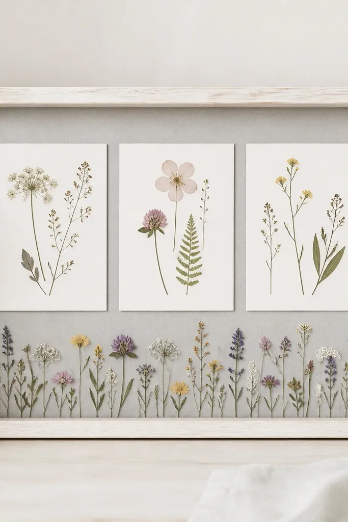A whitewashed wood shadow box with a light gray backing. A thin strip of pressed wildflowers runs along the bottom. Three cards are mounted above with a consistent top alignment.