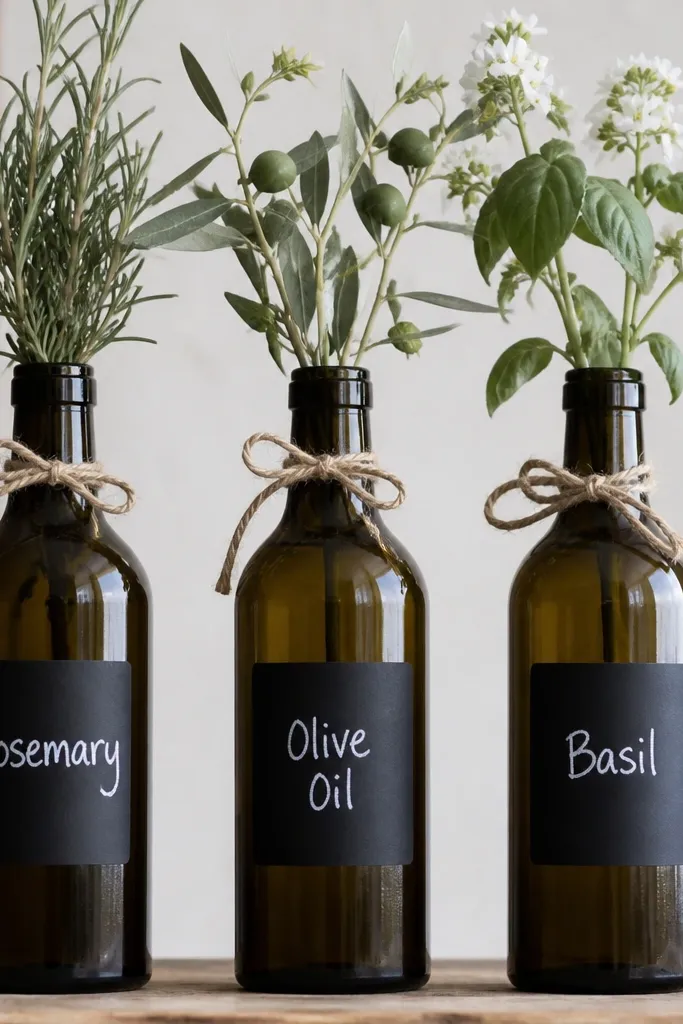 Wine bottles with matte black chalkboard label rectangles on the front, each with white chalk handwriting like 'Rosemary' and 'Olive Oil'. The bottle necks are tied with twine and flowers are inserted.