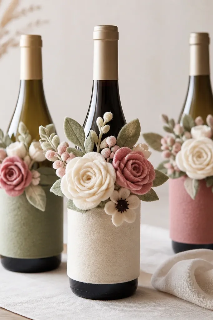 Wine bottles wrapped with soft felt around the middle, with handmade felt flowers tucked into the opening like a mini bouquet. Colors are cream, dusty rose, and sage.