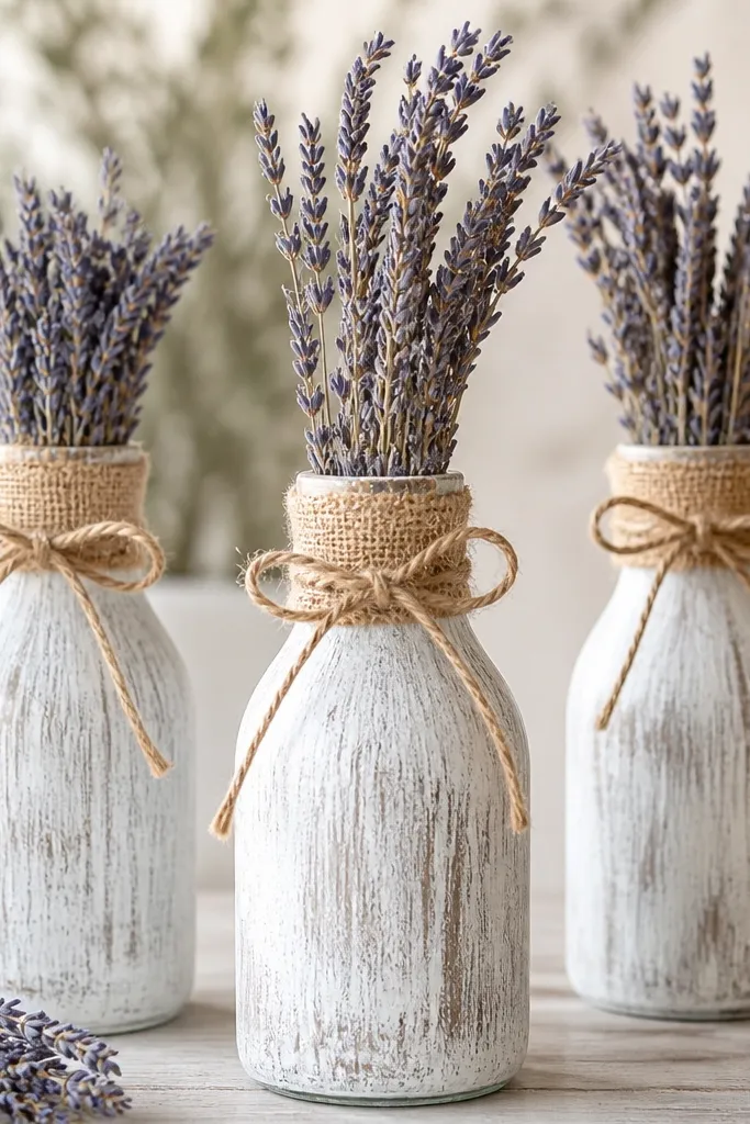 Bottles painted with a white wash finish where the glass texture still shows underneath. Burlap wraps the neck and a jute twine bow sits at the front. The bottles hold small bundles of dried lavender.