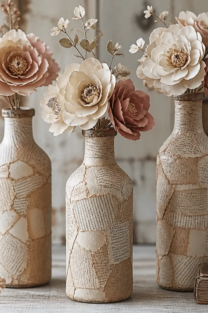 Bottles covered with vintage-looking book page paper accents and topped with handmade paper flowers. The pages are cream with darker edges. The flowers are layered petals in off-white and muted rose.