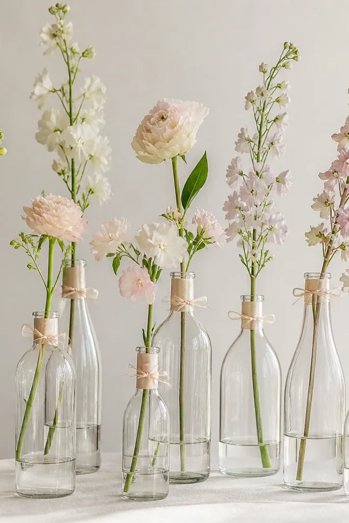 Bottles left mostly clear, with only the neck wrapped in satin ribbon and a small bow. One tall statement stem with pale flowers rises from each bottle opening.