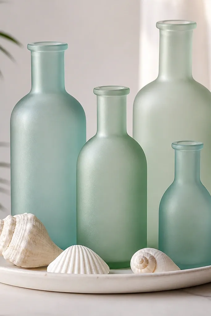 Bottles with a frosted sea-glass finish in soft aqua and pale green. The bottles look translucent and smooth, with no visible label remnants. They sit with white shells on a small tray.