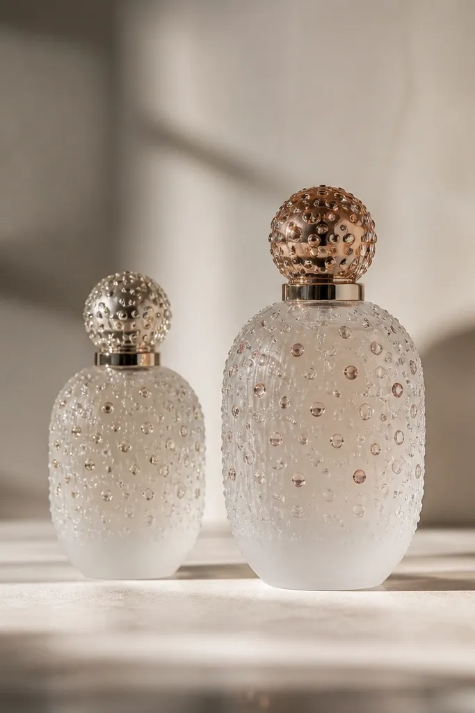 Bottles with a clear resin finish that has small jewel-like dots and droplets on the surface. The dots catch light like glass gems. The bottle base is frosted white or clear for contrast.