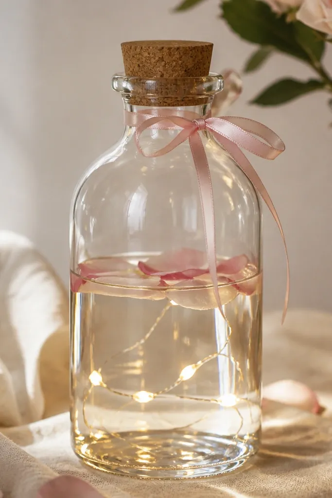 A clear bottle with a small amount of water inside, warm fairy lights along the bottom, and rose petals floating near the surface. The bottle is topped with a cork and a thin satin ribbon.