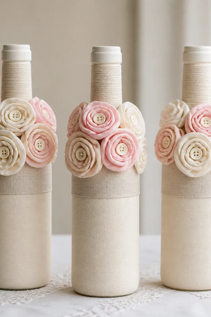 Bottles wrapped with a simple neutral fabric band, topped with several fabric rosettes pinned or glued around the neck area. Each rosette has a small button center. Colors are cream and soft pink.
