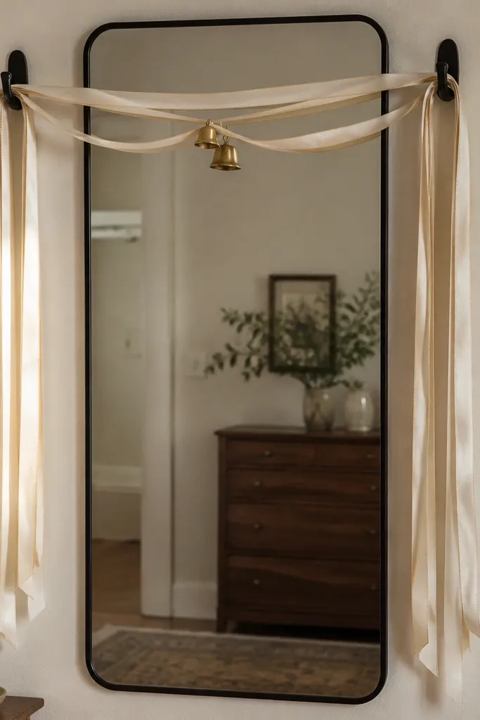 A tall wall mirror with two black command hooks on each side; long cream satin ribbon strips drape down in uneven lengths, with a single small brass bell charm near the top center.