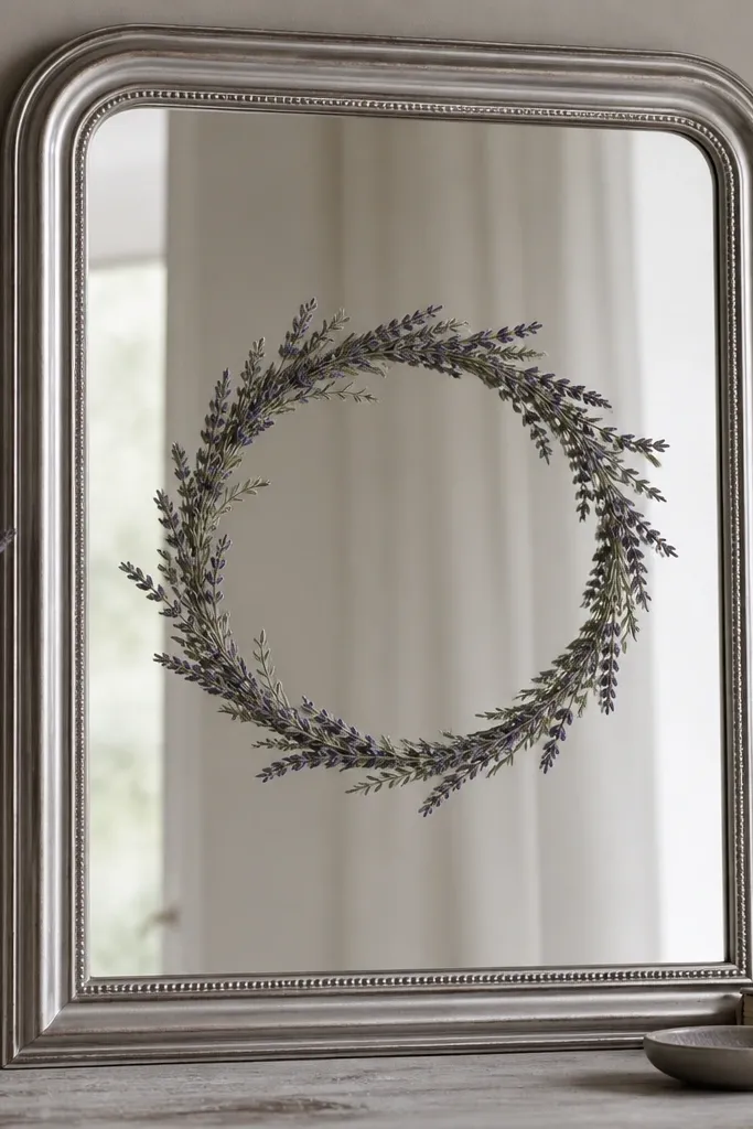 A silver-framed mirror with a thin wreath ring made from dried lavender buds and small gray-green sprigs, centered like a halo behind the glass reflection line.