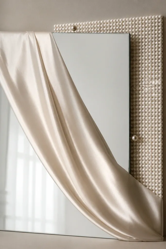 A mirror with a champagne satin streamer draped diagonally; behind it, a small foam board covered in pearl-like beads peeks out, with a few pearl pins holding it in place.