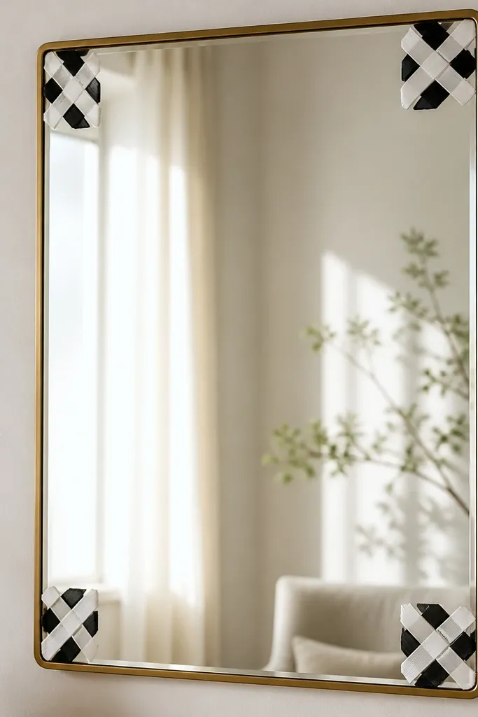 A mirror with four tiny ribbon lattices in the corners - black ribbon crossing white ribbon in small squares; the center stays clear.