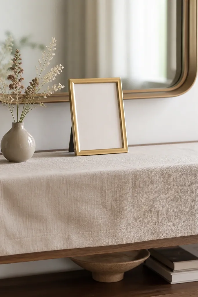 A long linen runner laid across a console; a small gold frame sign sits centered beneath a mirror with a few dried flowers in a tiny bud vase.