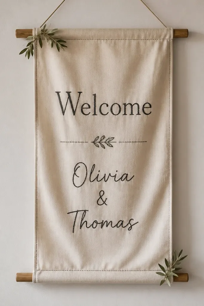 A long cream linen fabric banner hung between two small wooden dowels. The words "Welcome" and names are in stitched-style dark ink, with subtle thread-like texture. Soft folds catch light, and tiny faux olive leaves tuck into the corners.