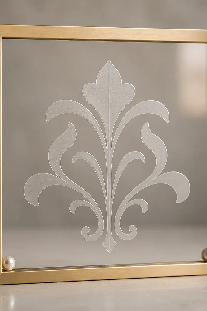 A rectangular sign framed in brushed brass with frosted acrylic lettering applied to a clear panel. The background is a soft warm gray gradient. Tiny pearl-like accents sit at the bottom corners.