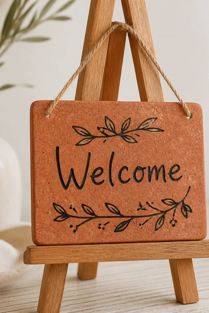 A small terracotta tile sign with a hand-drawn welcome message in black ceramic marker. The tile has natural speckling. A thin loop of twine holds it on a wooden easel.