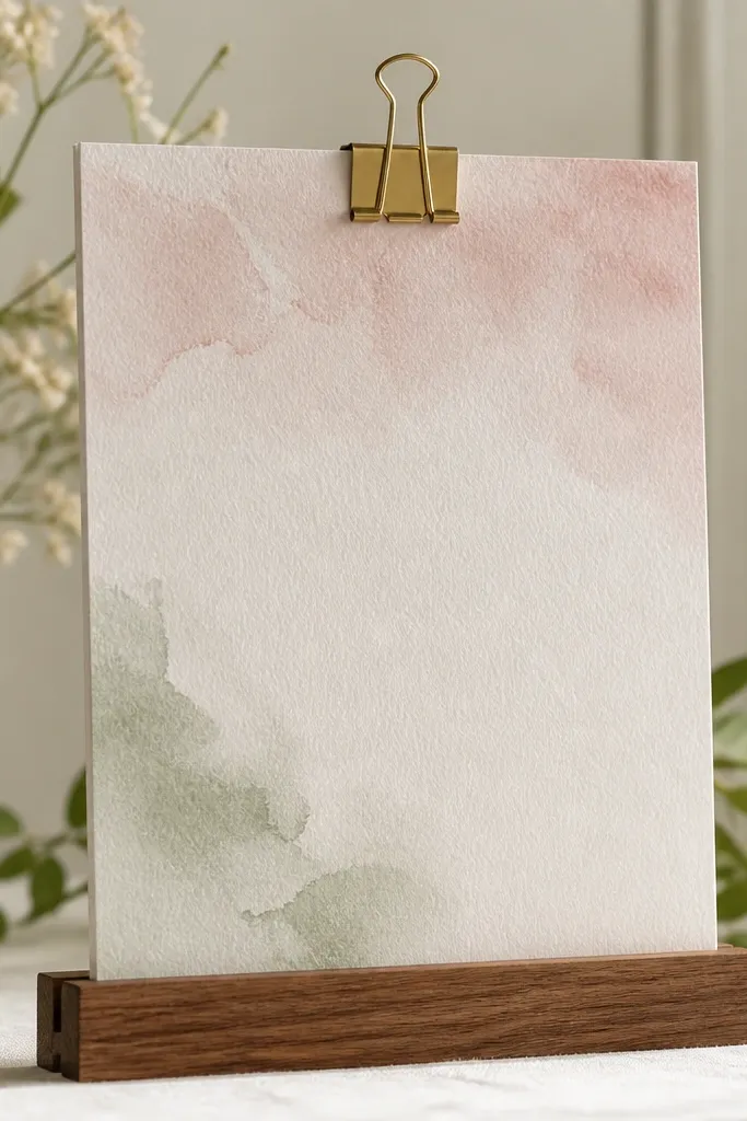 A welcome sign printed on thick cotton paper with a soft watercolor wash background in dusty rose and sage. The text is dark charcoal. A simple gold binder clip holds it to a wood stand.