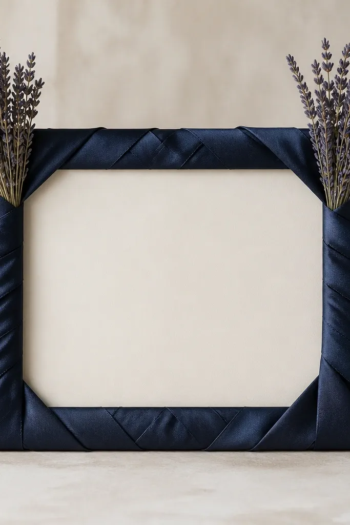 A rectangular wooden frame wrapped with navy satin ribbon. Inside, the welcome text is in white vinyl on a cream backing. Dried lavender bunches sit tucked into the top corners.