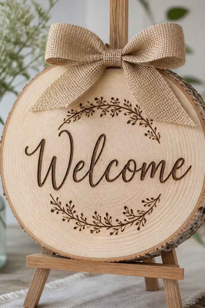 A round birch log slice mounted on a small easel. The welcome text is wood-burned in dark lines. The edges show natural rings, and a small bow made from burlap ribbon sits at the top.