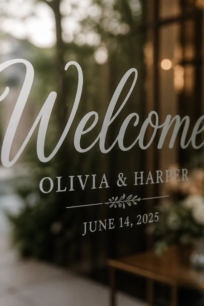 White frosted-style vinyl lettering on a venue window. The phrase "Welcome" is large, with smaller names and date beneath. A soft blur effect makes it look like etched glass.