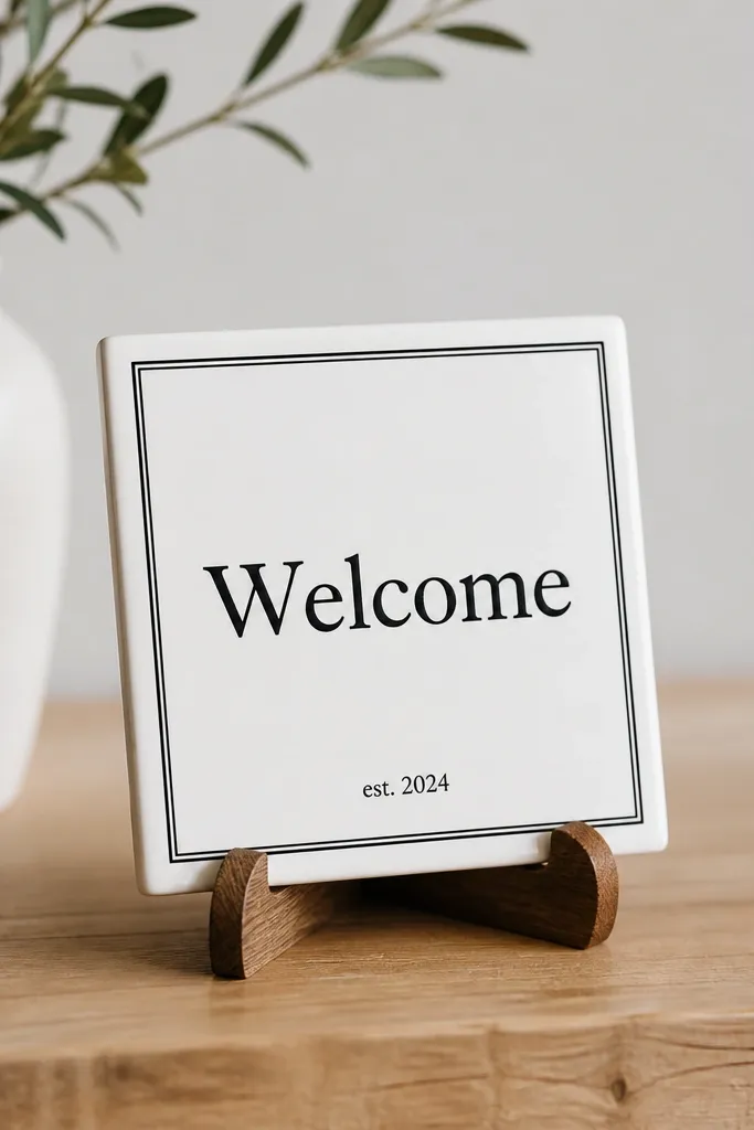 A small white ceramic tile with black lettering placed on a simple wooden stand. The text reads "Welcome" with a thin line border and tiny date below.