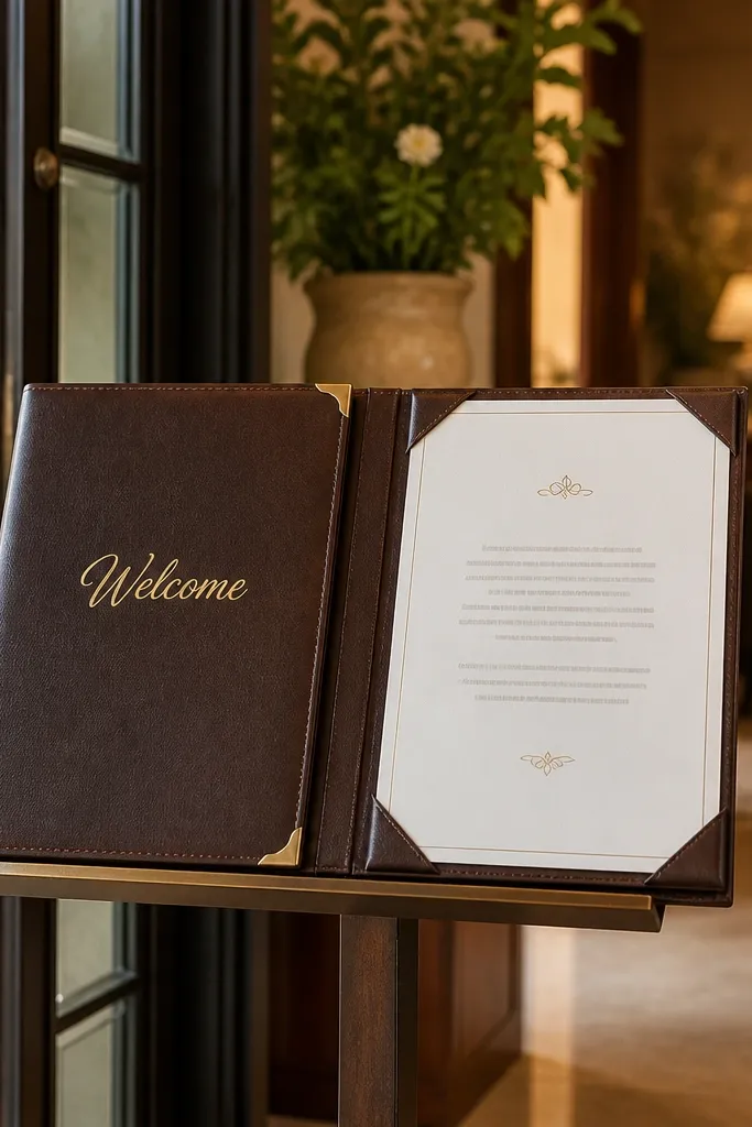 A dark brown leatherette folder opened like a menu. The cover has a foil-stamped "Welcome" title. Inside pages show a clean printed message. It sits on a stand at the entrance.
