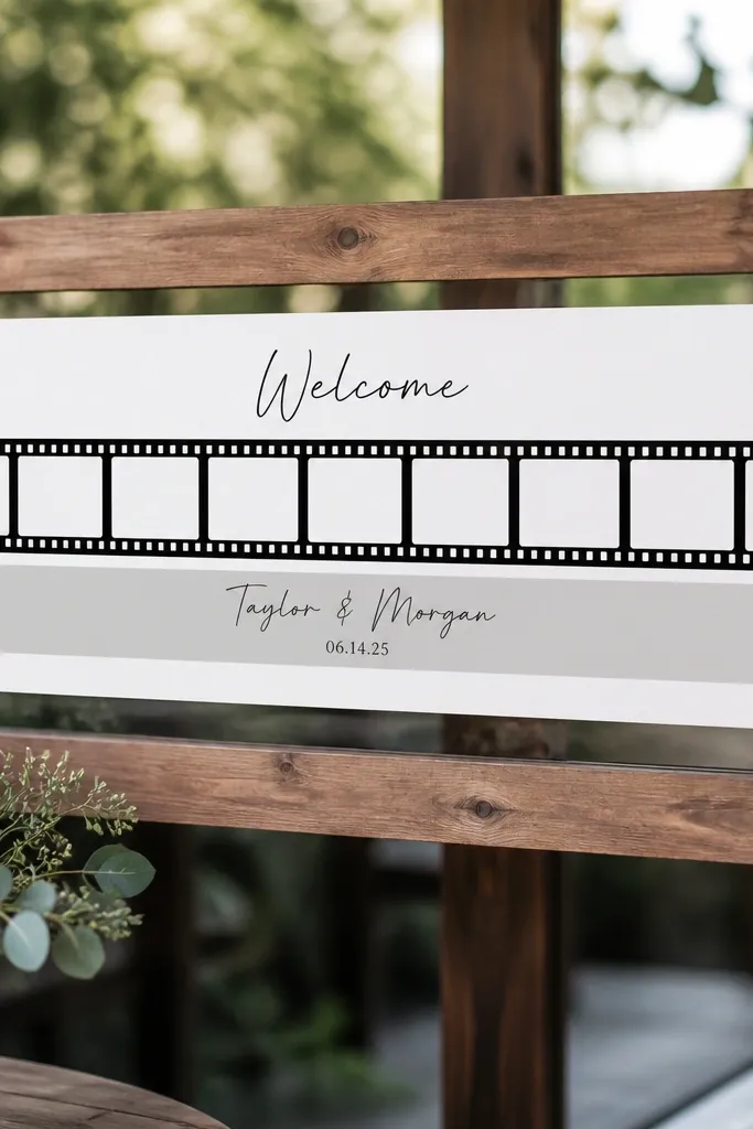 A long black-and-white photo strip style sign with small rectangular photo placeholders. The words "Welcome" appear above, and names/date sit on a light gray strip in the middle. The sign is taped to a wooden frame.
