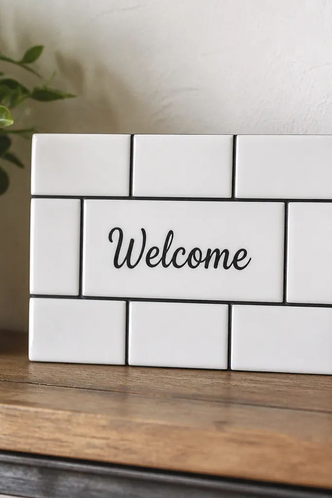 A small sign made from white subway tiles arranged in a rectangle. Black grout-style lines form a grid. The word "Welcome" is written in black vinyl or painted on a center tile.