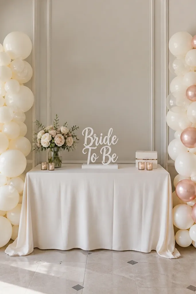 Two balloon columns stand on either side of an entry table. The left column is ivory balloons with a few clear balloons, and the right has soft rose gold balloons mixed in. A white "Bride To Be" topper sits between them on a small stand.