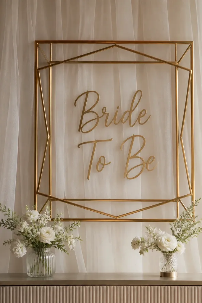 A gold geometric picture frame hangs on a wall behind a sheer ivory tulle curtain. The "Bride To Be" sign sits inside the frame, and two small vases of white blooms sit below on a console table.