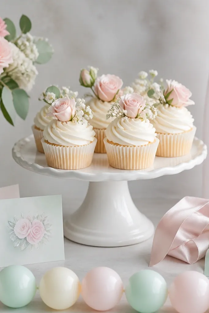 A dessert table setup shows a white cake stand with cupcakes on top. Around it are small pastel props: mini "Bride To Be" cards, blush and mint ribbon, and a row of pastel balloon dots on the floor.