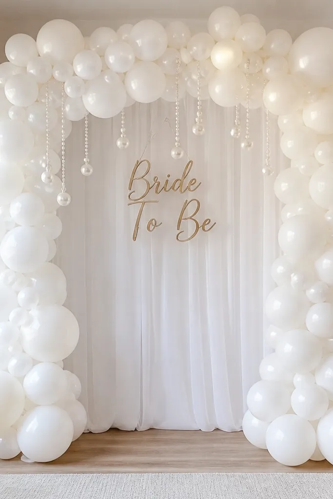 A white balloon arch frames a doorway or photo corner. Small pearl-like balloon charms are scattered near the top, and a "Bride To Be" sign hangs in the center.