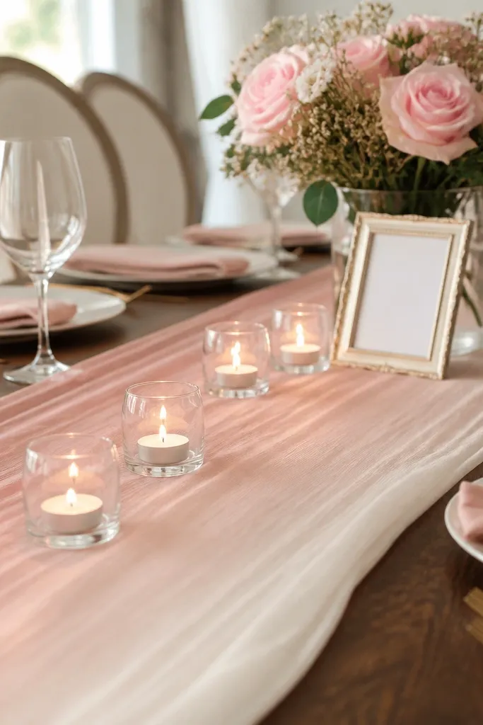A long table runner shows a soft rose-quartz gradient from blush to pale cream. Tea lights in clear glass sit along the runner, and a small "Bride To Be" sign rests near a vase of pink roses.