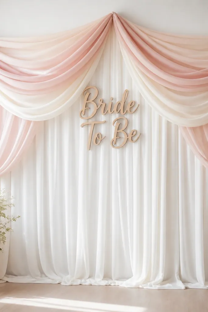 A fabric backdrop spans a wall: ivory and blush fabric swag across the top, with a centered "Bride To Be" sign. The backdrop looks airy and hangs in soft folds, with no visible hardware.