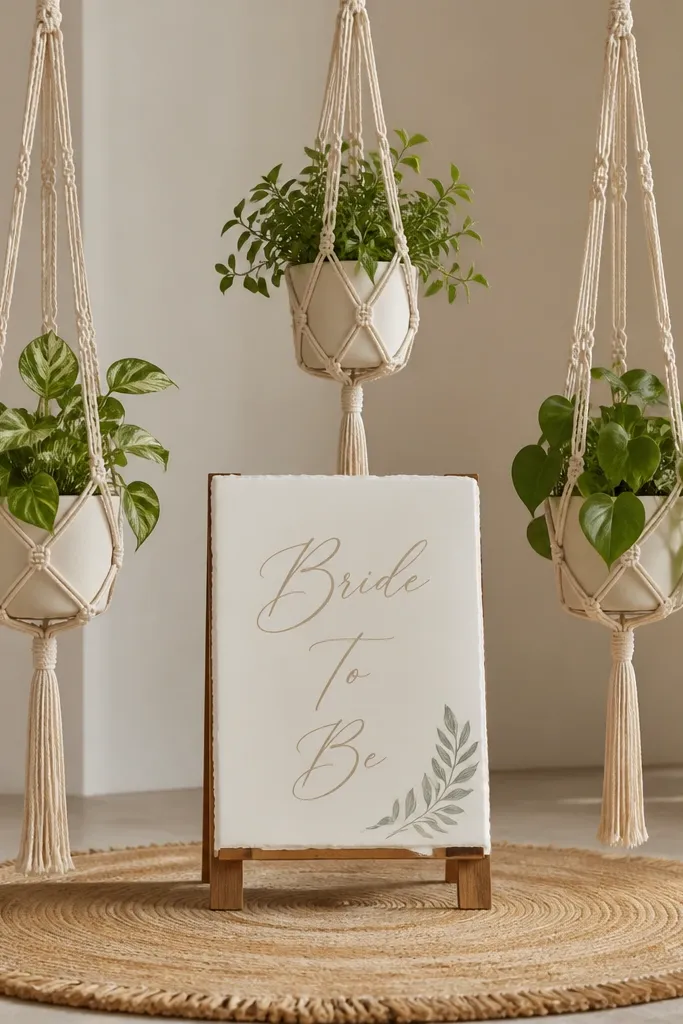 Three macrame plant hangers in natural beige hold small potted greenery. Between them, a "Bride To Be" sign sits on a small wooden stand, and the welcome area is framed by a neutral rug.