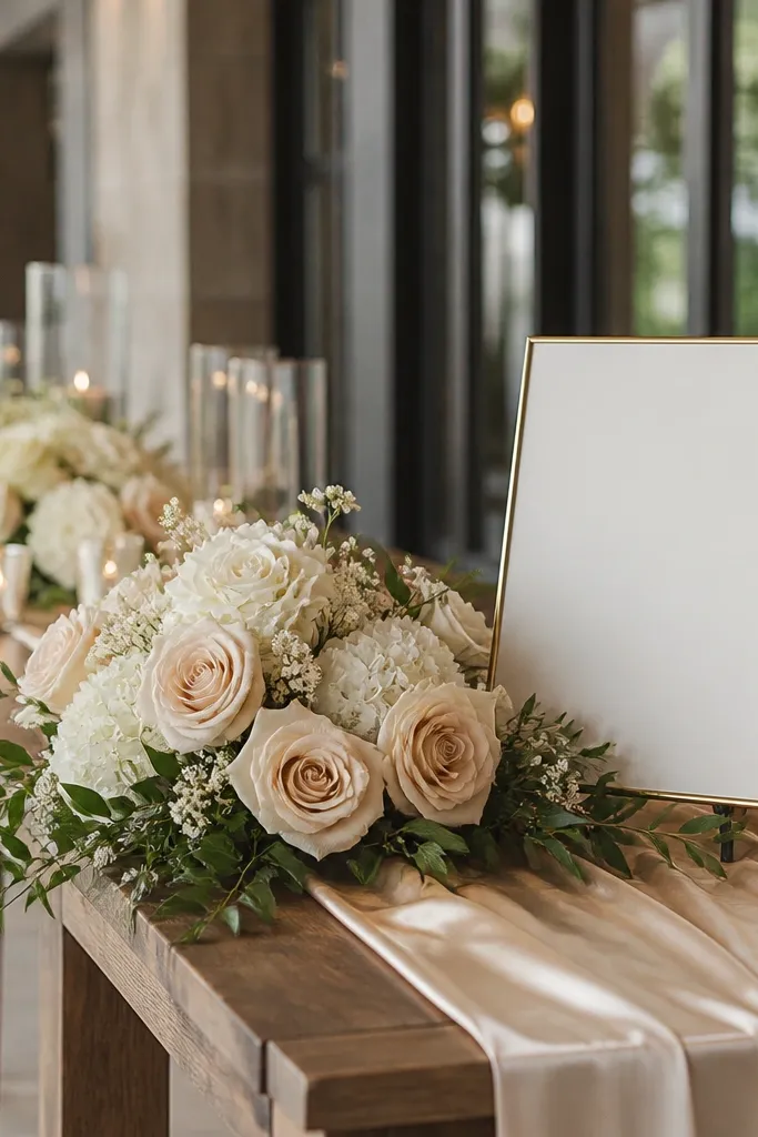 A long entry table has a champagne-toned runner. On the table edge, a low flower cluster of champagne roses and white blooms sits beside a "Bride To Be" sign.