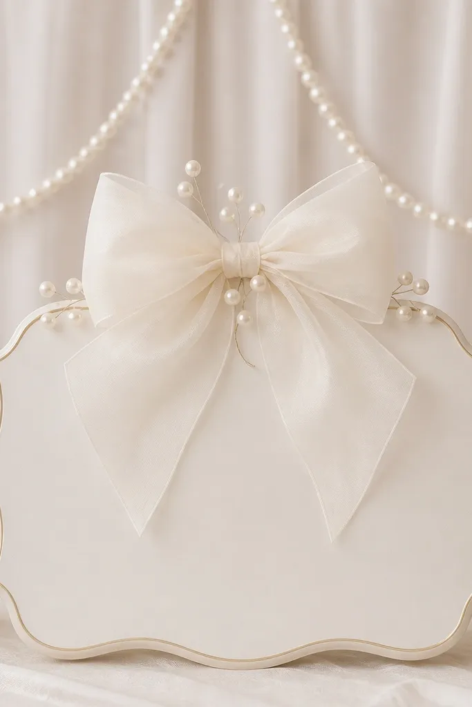 A pearl garland drapes in a soft curve behind a centered "Bride To Be" sign. A large chiffon bow in pale ivory sits above the sign, with small pearl accents around the bow.