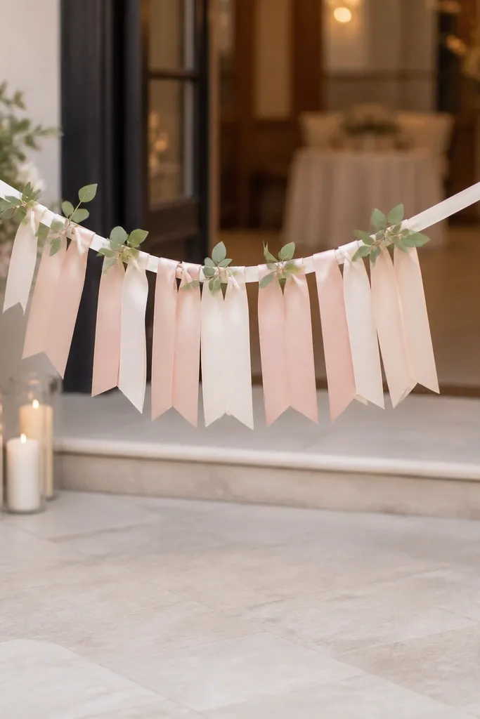 A satin ribbon rope stretches between two stands at a welcome entry. Hanging tags in ivory and blush read "Bride To Be," and small greenery clips attach along the rope.