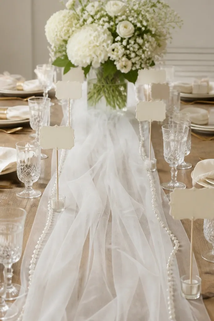 A table runner made of ivory tulle with subtle pearl trim runs down the center. Small place cards on sticks say "Bride To Be," and a vase of white blooms sits at the far end.